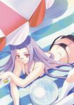  1girl ass ball beachball bikini butt_crack fate/stay_night fate_(series) glasses highres long_hair medusa_(fate)_(all) pointy_ears purple_hair rider shorts solo swimsuit towel undressing violet_eyes 