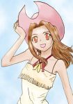  1girl brown_hair cowboy_hat digimon digimon_adventure female fringe hand_on_headwear hat lowres pink_hat smile solo stampede_string tachikawa_mimi western 