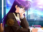  1girl blue_eyes desk game_cg long_hair lyrical_nanoha mahou_shoujo_lyrical_nanoha mahou_shoujo_lyrical_nanoha_a&#039;s mahou_shoujo_lyrical_nanoha_strikers purple_hair school_uniform serafuku sky solo suzuka triangle_heart triangle_heart_3 triangle_hearts tsukimura_shinobu tsukimura_suzuka tsuzuki_maki window 