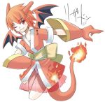  1girl bandage charizard dragon_girl dragon_tail dragon_wings fang fire gloves horns monster_girl nintendo one_eye_closed panties pantyshot parody personification pokemon red_eyes redhead simple_background skirt solo tail transparent underwear upskirt white_background white_panties wings 