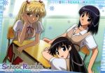  00s 3girls :d bangs black_hair blonde_hair brown_eyes character_name copyright_name desk grey_eyes head_rest long_hair looking_at_viewer multiple_girls one_side_up open_mouth sawachika_eri school_desk school_rumble school_uniform short_hair short_sleeves sitting smile suou_mikoto tsukamoto_tenma twintails two_side_up vest 