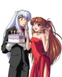  1boy 1girl alcohol animal_ears bare_shoulders cake choker couple crossover dog_ears dress evening_gown flirting food formal inuyasha inuyasha_(character) long_hair neon_genesis_evangelion one_eye_closed pastry redhead side_slit simple_background souryuu_asuka_langley strapless strapless_dress tuxedo wine wink 