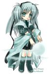  1girl aqua_eyes aqua_hair boots chibi full_body hellgapell looking_at_viewer lowres sailor_collar shawl signature simple_background skirt solo standing white_background 