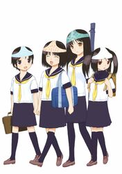  4girls backpack bag black_hair black_legwear figo long_hair multiple_girls object_on_head original panties panties_on_head pantyhose randoseru school_uniform serafuku short_hair simple_background skirt socks twintails underwear white_background 