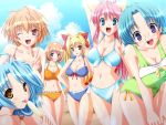  6+girls :o adjusting_hair ahoge amano_mahiro aqua_eyes arm_up armpits bangs beach bikini blonde_hair blue_eyes blue_hair blue_sky blush bow breasts casual_one-piece_swimsuit cleavage clouds everyone frilled_bikini frills front-tie_top fujisawa_aoi game_cg glasses hair_ribbon hairband honoo_no_haramase_jinsei kimizuka_akiho large_breasts leaning_forward lens_flare licking long_hair looking_at_viewer minagawa_kyouko multiple_girls navel one-piece_swimsuit open_mouth orange_eyes orange_hair outdoors parted_bangs pince-nez pink_eyes pink_hair ponytail popsicle ribbon sawatari_fumika shiny shiny_hair short_hair side-tie_bikini sideboob sidelocks sky smile standing striped striped_bikini striped_swimsuit swimsuit taut_clothes taut_swimsuit tsukizaki_nanami twintails v violet_eyes water wink yameta_takashi 