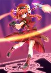  1girl black_gloves braid clenched_teeth dress gloves graf_eisen hat holding holding_weapon looking_at_viewer lyrical_nanoha magic_circle mahou_shoujo_lyrical_nanoha mahou_shoujo_lyrical_nanoha_a&#039;s purple_background red_dress redhead shoes solo teeth twin_braids twintails violet_eyes vita weapon 