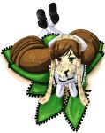  00s 1girl arm_support blush brown_hair dress full_body green_dress green_eyes head_rest head_scarf heterochromia long_hair long_sleeves red_eyes rozen_maiden shoe_soles shoes smile solo straightchromia suiseiseki very_long_hair 