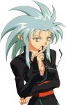  1girl 90s blue_hair breasts cleavage glasses ryouko_(tenchi_muyou!) solo spiky_hair tenchi_muyou! white_background yellow_eyes 