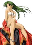  00s 1girl anklet bandeau barefoot bikini breasts cyamna_fon earrings flat_chest green_hair hashimoto_takashi jewelry legs long_hair long_legs necklace red_eyes shawl side-tie_bikini sitting small_breasts smile solo strapless swimsuit tan tubetop wind with_you 