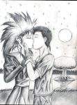  1boy 1girl couple hetero kiss masaki_tenchi monochrome ryouko_(tenchi_muyou!) spiky_hair tenchi_muyou! 