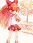  1girl akazutsumi_momoko bangs blunt_bangs bow cup drinking drinking_straw hair_bow holding holding_cup hyper_blossom looking_at_viewer outdoors powerpuff_girls powerpuff_girls_z red red_bow red_eyes red_skirt redhead sidewalk skirt solo standing tree 