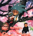  1boy 1girl 90s black_hair blue_hair brown_eyes cherry_blossoms closed_eyes couple hetero masaki_tenchi ryou-ouki ryouko_(tenchi_muyou!) sleeping spiky_hair tenchi_muyou! 