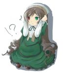  !? 00s 1girl alternate_hairstyle brown_hair dress drill_hair full_body green_dress green_eyes heterochromia knees_on_chest long_sleeves looking_to_the_side pumps red_eyes rozen_maiden simple_background sitting solo straightchromia suiseiseki twin_drills wavy_mouth white_background 