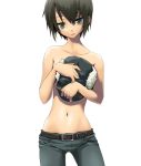  00s 1girl androgynous black_hair contrapposto denim flat_chest fur_hat hat holding holding_hat jeans kino kino_no_tabi navel nilitsu pants reverse_trap short_hair simple_background solo tomboy topless white_background yellow_eyes 