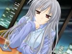  1girl alcohol city dutch_angle game_cg kimi_ni_tomoru_hi long_hair night red_eyes silver_hair solo sweater window 