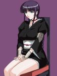  1girl bangs bleach blue_eyes braid chair choker closed_mouth kagami_hirotaka kurotsuchi_nemu purple_background purple_hair simple_background single_braid sitting solo thighs 