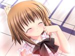  1girl ^_^ ahoge blush bow brown_hair cat chibi child choco_chip closed_eyes dutch_angle game_cg o_o sakura_komomo school_project short_hair sleeveless smile solo tears 