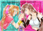  1boy 2girls aerith_gainsborough arm_wrestling blonde_hair bow brown_hair character_name chibi cloud_strife final_fantasy final_fantasy_vii multiple_girls pink_bow tifa_lockhart traditional_media 