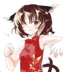  1girl animal_ears armpits bare_shoulders brown_eyes brown_hair cat_ears cat_tail chen china_dress chinese_clothes dress earrings face female jewelry multiple_tails one_eye_closed shunsei_(muratou) solo tail touhou wink 