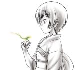  1girl bangs expressionless japanese_clothes kimono limited_palette looking_to_the_side lowres monochrome mushishi obi profile renzu_(mushishi) sash short_hair solo spot_color standing white_background 