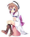  1girl beret between_legs blue_eyes blush boots bow brown_boots brown_hair cross-laced_footwear dress from_side full_body hand_between_legs hat higurashi_no_naku_koro_ni looking_at_viewer mei puffy_short_sleeves puffy_sleeves purple_bow ryuuguu_rena short_hair short_sleeves simple_background sitting smile solo subaru_(yachika) turtleneck white_background white_dress 