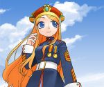  1girl belt blue_eyes crown long_hair lowres maritan medal military military_uniform orange_hair pixel_maritan sky solo uniform very_long_hair 