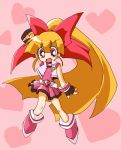  1girl :o akazutsumi_momoko black_gloves blush fingerless_gloves full_body gloves hyper_blossom long_hair open_mouth orange_hair pink_background ponytail powerpuff_girls powerpuff_girls_z red_eyes simple_background solo very_long_hair 