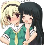  2girls :d black_hair blonde_hair blush child closed_eyes crying friends furude_rika hairband hand_on_another&#039;s_head hand_on_head hands_on_hips higurashi_no_naku_koro_ni hime_cut houjou_satoko hug hug_from_behind long_hair multiple_girls nipa~ open_mouth pout puffy_sleeves red_eyes rubbing school_uniform serafuku short_hair short_sleeves smile very_long_hair 