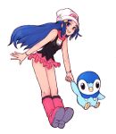  1girl beanie blue_eyes blue_hair boots hat hikari_(pokemon) kara_(color) long_hair pink_boots piplup pokemon scarf simple_background skirt smile solo white_background 