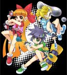  3girls akazutsumi_momoko black_background cartoon_network goutokuji_miyako halftone halftone_background hyper_blossom matsubara_kaoru multiple_girls powered_buttercup powerpuff_girls powerpuff_girls_z rolling_bubbles 