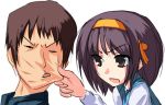  brown_hair cheek_pinching kyon negy pinching short_hair suzumiya_haruhi suzumiya_haruhi_no_yuuutsu 