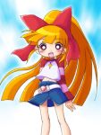  1girl :d akazutsumi_momoko belt blonde_hair blue_skirt blush cartoon_network long_hair long_sleeves looking_at_viewer open_mouth ponytail powerpuff_girls powerpuff_girls_z red_eyes skirt smile solo standing yoshi_(crossmind) 