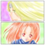  2girls barbara blonde_hair circlet dragon_quest dragon_quest_vi forehead green_eyes high_ponytail long_hair lowres mireyu multiple_girls red_eyes redhead 