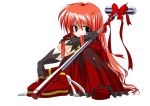 1girl alternate_hairstyle black_gloves blue_eyes bow duplicate full_body gloves graf_eisen hair_down hammer hat long_hair looking_at_viewer lyrical_nanoha mahou_shoujo_lyrical_nanoha mahou_shoujo_lyrical_nanoha_a&#039;s nonohara_nyorai redhead ribbon simple_background smile solo untied vita white_background 