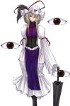  1girl adapted_costume beshi blonde_hair dress eyes female gloves hat long_hair one_eye_closed puffy_sleeves ribbon smile solo touhou umbrella white_gloves wink yakumo_yukari 