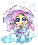  1girl blue_eyes boots bubble goutokuji_miyako hood long_hair long_sleeves looking_up pink_hair powerpuff_girls powerpuff_girls_z puddle raincoat rolling_bubbles solo standing umbrella water 