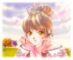  1girl bangs benk brown_hair chin_rest close-up clouds crown earrings face flower green_eyes hair_bun holding holding_flower jewelry light_smile looking_at_viewer original outdoors princess sky solo star star_earrings tree upper_body 