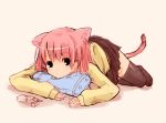  1girl animal_ears black_eyes cat_ears cat_tail lying nagisa_honoka original pillow pink_hair short_hair skirt solo tail thigh-highs 