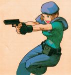  1girl :o angry armor belt belt_pouch bengus beret blue_eyes brown_hair capcom denim fighting_stance fingerless_gloves gloves gun handgun hat jeans jill_valentine leg_lift looking_away marvel marvel_vs._capcom marvel_vs._capcom_2 official_art open_mouth outstretched_arm pants pistol police police_uniform policewoman pouch profile resident_evil scan short_hair simple_background sketch solo uniform weapon 
