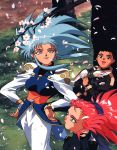  1boy 2girls 90s black_hair blue_hair brown_eyes cherry_blossoms green_eyes hair_slicked_back hakubi_washuu masaki_tenchi mother_and_daughter multiple_girls redhead ryou-ouki ryouko_(tenchi_muyou!) spiky_hair tenchi_muyou! yellow_eyes 