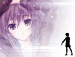  1girl arms_up bangs binary eyebrows eyebrows_visible_through_hair hair_between_eyes long_sleeves looking_at_viewer nagato_yuki parted_lips purple_hair red_ribbon ribbon school_uniform serafuku short_hair silhouette snowing solo suzumiya_haruhi_no_yuuutsu text upper_body 