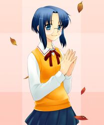  00s 1girl blue_eyes blue_hair ciel glasses leaf lowres school_uniform serafuku solo suzunoya sweater sweater_vest tsukihime vest 