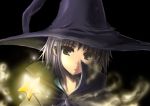  1girl black_eyes cloak grey_hair hat nagato_yuki portrait satomi short_hair smoke solo star suzumiya_haruhi_no_yuuutsu wand witch witch_hat 