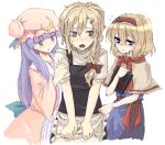  3girls alice_margatroid apron bangs blonde_hair blue_dress blue_eyes blunt_bangs blush book braid capelet cowboy_shot crescent dress female grimoire hair_ribbon hat headband holding holding_book kirisame_marisa looking_at_viewer lowres mob_cap multiple_girls patchouli_knowledge purple_hair ribbon short_hair simple_background single_braid tadano_kagekichi touhou violet_eyes waist_apron white_background yellow_eyes 