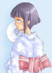  1girl artist_request blue_background fan hyuuga_hinata japanese_clothes kimono lowres naruto purple_hair short_hair solo white_eyes yukata 