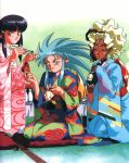  3girls blonde_hair blue_hair blush highres japanese_clothes kimono kuramitsu_mihoshi masaki_aeka_jurai multiple_girls purple_hair red_eyes ryouko_(tenchi_muyou!) spiky_hair tenchi_muyou! yellow_eyes 