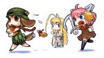  3girls anchor anger_vein angry animal_ears antenna_hair apple army-san army-tan blonde_hair blue_eyes bow bread brown_eyes camouflage chair chasing chibi chicken_(food) cup dog_ears dog_tail dress food fruit helmet hirai_yukio legs_crossed maritan medal military military_uniform multiple_girls navy-san open_mouth pink_hair pixel_maritan ribbon running saucer sausage sitting tail teacup thigh-highs uniform 