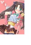  1girl alternate_costume bad_anatomy bad_proportions black_legwear blush bow brown_hair embarrassed fate/stay_night fate_(series) frills gloves green_eyes hand_on_hip hat hips long_hair magical_girl pleated_skirt poorly_drawn ribbon skirt solo star thigh-highs tohsaka_rin twintails wand 