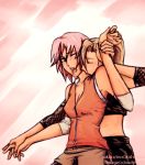  2girls alternate_breast_size arm_warmers bangs bare_shoulders biting blonde_hair blush breasts cloudy-wolf fishnets haruno_sakura hug hug_from_behind long_hair multiple_girls naruto naruto_shippuuden neck_biting one_eye_closed open_mouth pink_hair red_shirt shirt short_hair side_slit skirt sleeveless sleeveless_shirt unzipped upper_body yamanaka_ino yuri zipper 