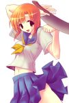  1girl billhook hatchet higurashi_no_naku_koro_ni navel ryuuguu_rena school_uniform simple_background solo 